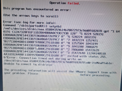 华为2288h v5服务器安装esxi报错partedUtil setptbl...exited with status 255,Unable to commit to disk