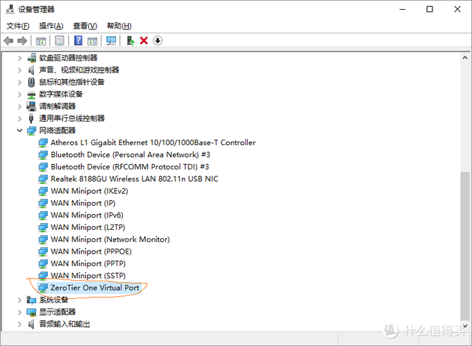 安装后ZeroTier网卡出现在设备管理器中