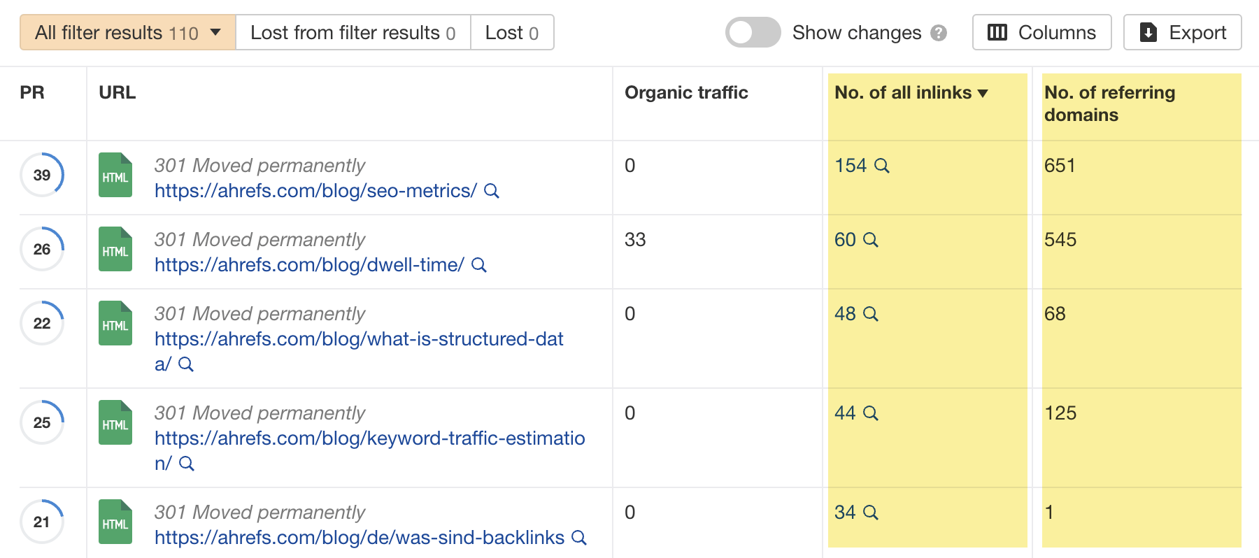 通过 Ahrefs 的网站诊断内部链接和反向链接重定向