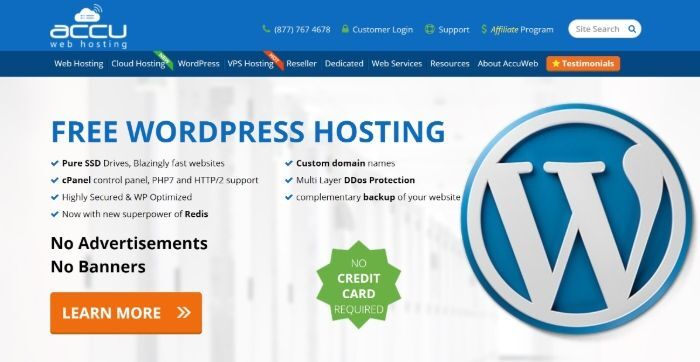 免费 WordPress 托管 - AccuWeb 托管