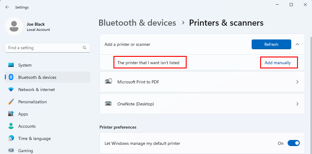 Adding a printer manually