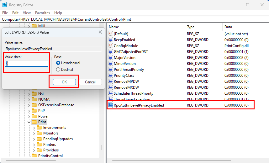 Create a new RpcAuthnLevelPrivacyEnabled value to fix Printer error 0x0000011b