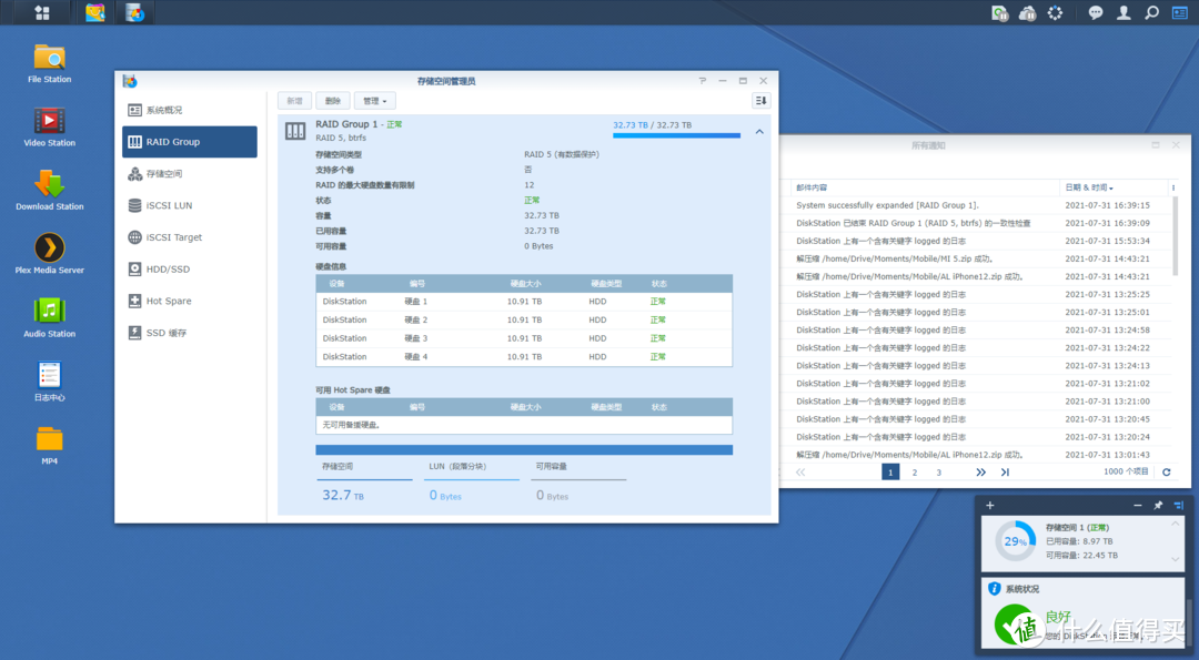 扩容完毕，系统通知中也有对应提示。存储空间32.73TB