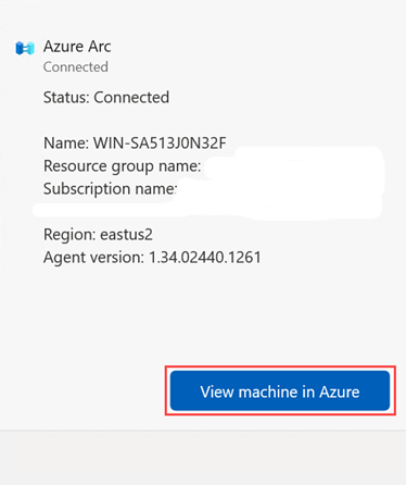 Screenshot of the machine connection status window highlighting the View Machine in Azure button.