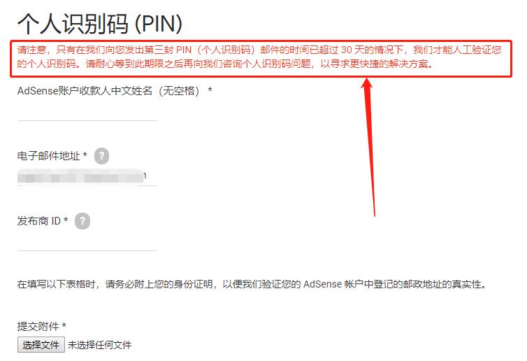 Google Adsense PIN码人工审核申请表单图